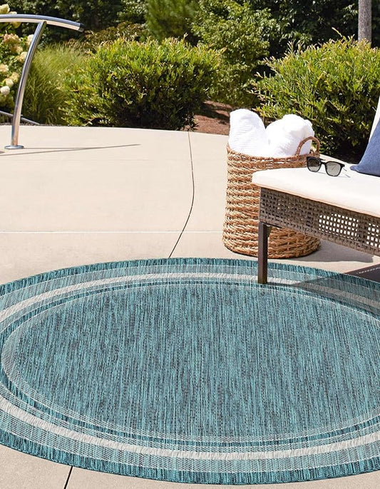 Unique Loom Outdoor Border Collection Area Rug - Soft Border (10' Round Teal/Ivory)