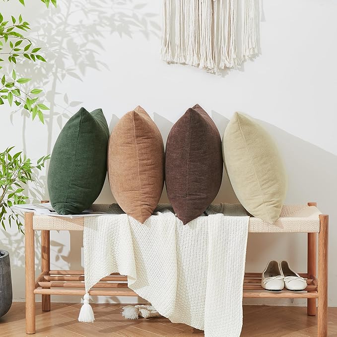 GAWAMAY Decorative Square Throw Pillow Covers 18x18 Inch Set of 4, Super Soft Chenille Pillows Cover Fall Pillowcase for Living Room Bedroom Sofa Couch Cushion Cover Khaki 45x45cm (No Insert)