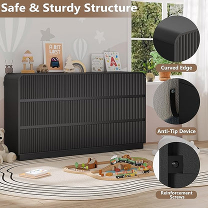Dresser for Bedroom with 9 Drawers, Fluted Chest of Drawers with Round Curved Corner, Hidden Handles, Modern Wood Storage Organizer for Bedroom, Nursery, Living Room