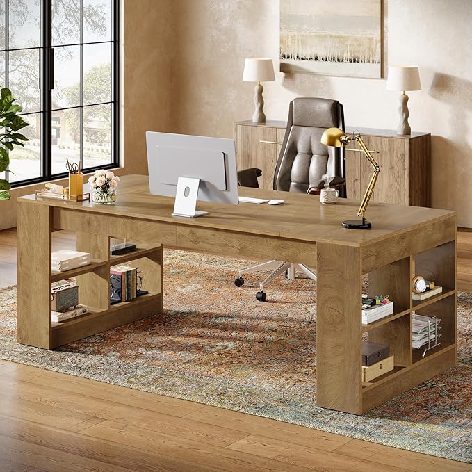 Tribesigns 71-Inch Executive Desk, Large Computer Office Desk with Storage Shelves, Modern Wood Writing Table Business Furniture Workstation for Home Office, Rustic Brown