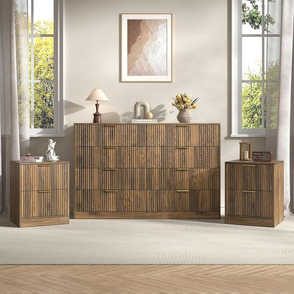 3-Piece Modern Bedroom Furniture Set, Wide 8-Drawer Dresser & 2-Drawer Nightstands Set of 2, Natural Wood Dresser and Nightstand Sets for Bedroom, Hallway, Walnut