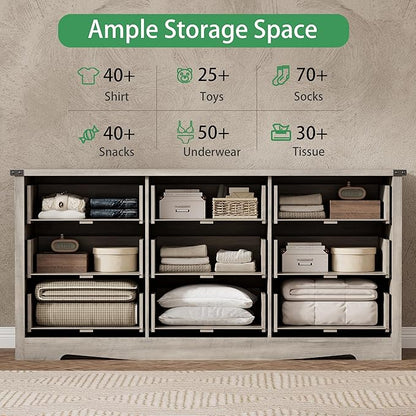 Dresser for Bedroom with 9 Drawers, 59" Wide Wood Chest of Drawers with Deep Drawers & Mental Handle, Modern Dresser TV Stand, Wooden Closet Storage Organizer for Living Room, Hallway, Entryway, Grey