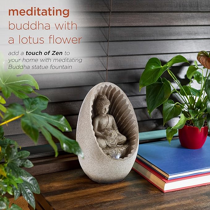 Alpine Corporation WIN322 Indoor/Outdoor Tabletop Buddha Fountain with LED Lights, Soothing Buddha Garden Fountain 11", Beige