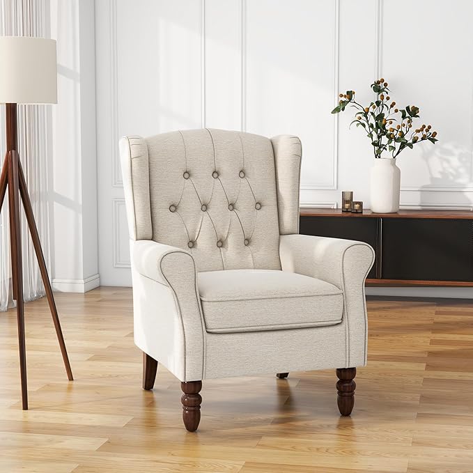 UIXE High Back Accent Chairs Set of 2, Fabric Upholstered Armchair Wingback Club Chair for Living Room, Comfy Single Sofa Bedroom Retro Reading Seat with Solid Wood Legs - Beige