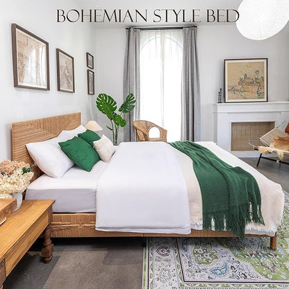 Yechen Queen Rattan Style Boho Bed Frame with Headboard and Footboard, Mid Century Modern Hand-Woven Wicker Bedframe with Vintage Pattern, Bamboo Bed with Metal Slats, No Box Spring Needed, 1000lbs