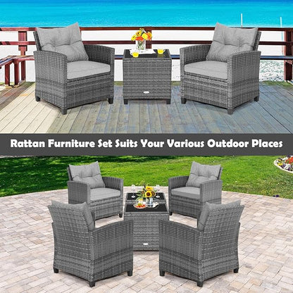 Tangkula 3 Pieces Patio Furniture Set, Outdoor PE Rattan Conversation Chair Set with Tempered Glass Side Table and Removable Cushions, PE Wicker Chairs and Table Set for Porch, Balcony and Garden
