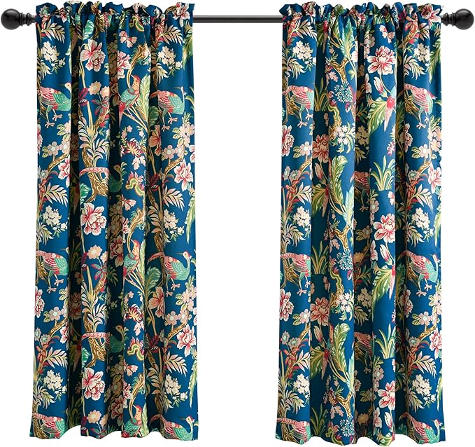 Lush Decor Dolores Light Filtering Window Panels, Pair, 52" W x 63" L, Navy & Multi - Toile Curtains - Floral Bird Print - Grandmillennial & French Country Curtains - Cottage & Maximalist Home Decor