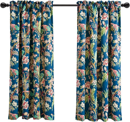 Lush Decor Dolores Light Filtering Window Panels, Pair, 52" W x 63" L, Navy & Multi - Toile Curtains - Floral Bird Print - Grandmillennial & French Country Curtains - Cottage & Maximalist Home Decor