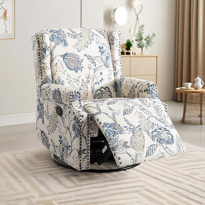 UIXE Swivel Rocker Manual Recliner Chair, Wingback Swivel Glider Fabric Nursery Reclining Sofa Chair, High Back Upholstered Arm Chair for Living Room Bedroom - Blue Plants