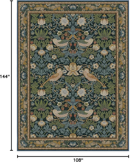 RUGGABLE x Morris & Co Washable Area Rug – Strawberry Thief Indigo 9x12, Stain-Resistant, Non-Slip – Large Machine Washable Rugs for Living Room, Bedroom, Hallway, Entryway & Office–with Standard Pad