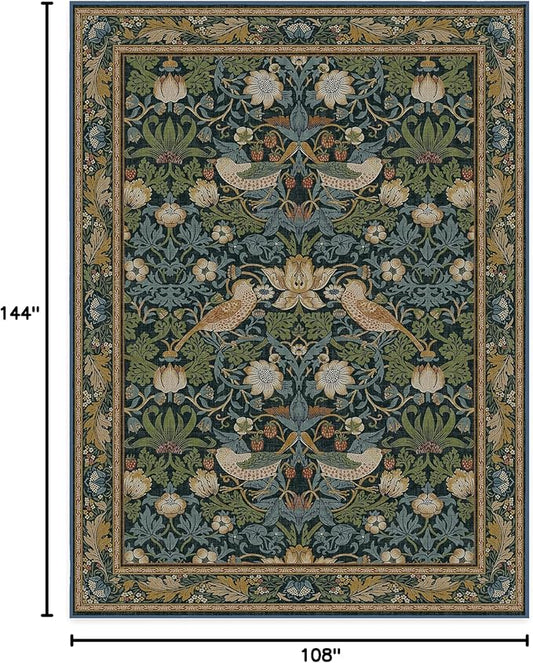 RUGGABLE x Morris & Co Washable Area Rug– Strawberry Thief Indigo 9x12, Stain-Resistant, Non-Slip – Large Machine Washable Rugs for Living Room, Bedroom, Hallway, Entryway & Office–with Cushioned Pad
