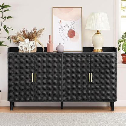 ORRD 4 Doors Storage Cabinet, 2 Tier Wooden Storage Organizer Cabinet with Adjustable Shelf, Sideboard Buffet Cabinets with Iron Curved Doors Accent Shoe Rack for Entryway Hallway Living Room (Black)