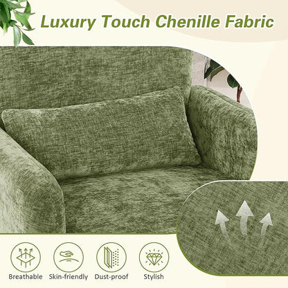 LSSPAID Modern Accent Chairs, Chenille Fabric Armchairs for Living Room, Comfy Upholstered Leisure Single Sofa Chair with Lumbar Pillow for Bedroom, Balcony, Office (Green, Set of 2)