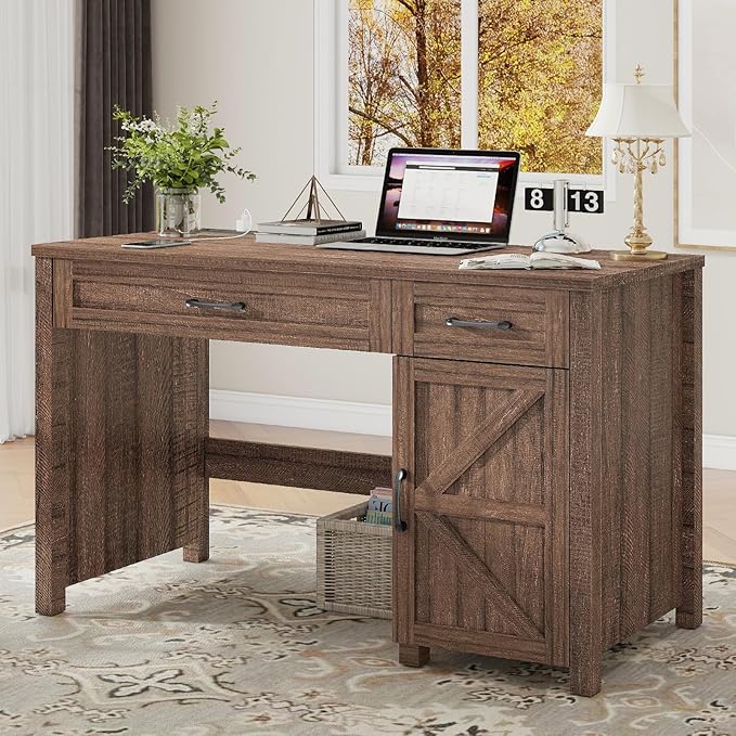 Farmhouse 47" Executive Desk, Computer Desk with Drawers and Storage Cabinet, Workstation Computer Desk for Home Office and Study.Red-Brown