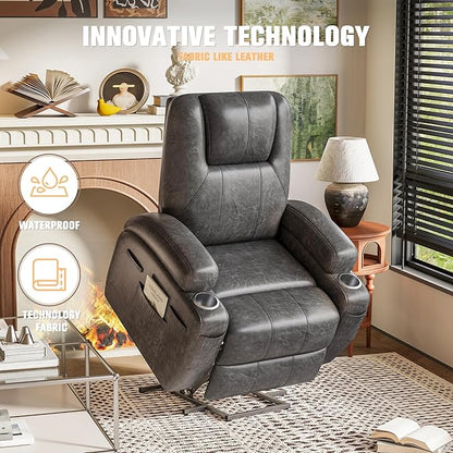 Flamaker Power Lift Recliner Chair Electric Lift Recliner for Elderly Power Lift Recliner Chair with Cup Holders Side Pockets for Living Room (Leathaire, Light Black)