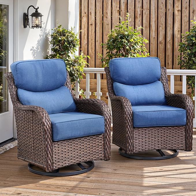 Belord Luxury 6" Thick Cushioned Outdoor Swivel Rocker Patio Chairs of 2, High Back Wicker Patio Furniture Set with Ergonomic Zone Back, Conversation Glider Set for Deck Porch - Brown+Blue