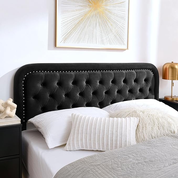 Tufted Upholstered Headboard,Button Solid Wood HeadBoards with Adjustable Height,Modern Performance Velvet Bed Head Boards,Easy Install&Nailhead (Black, King)