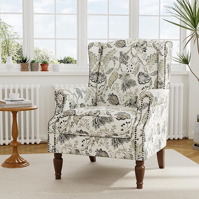 Accent Chair, Upholstered High Back Floral Armchair with Nailhead Trim & Wood Legs, Comfy Wingback Reading Single Sofa Chair for Small Spaces, Living Room, Bedroom ( Plants Beige Floral, Set of 2)