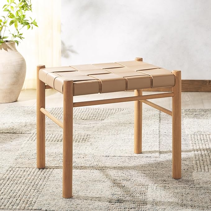 SAFAVIEH Couture Collection Devnie Tan Woven Leather & Natural Solid Wood Ottoman (Fully Assembled)