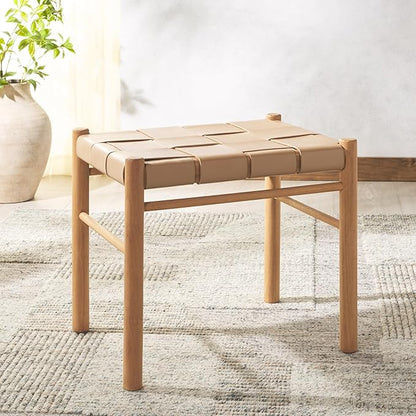 SAFAVIEH Couture Collection Devnie Tan Woven Leather & Natural Solid Wood Ottoman (Fully Assembled)