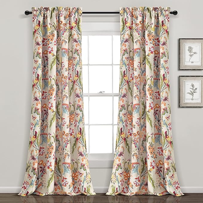Lush Decor Dolores Light Filtering Window Panels, Pair, 52" W x 84" L, Neutral & Multi - Floral Curtains for Bedroom - Vintage Curtains - Coquette Room Decor