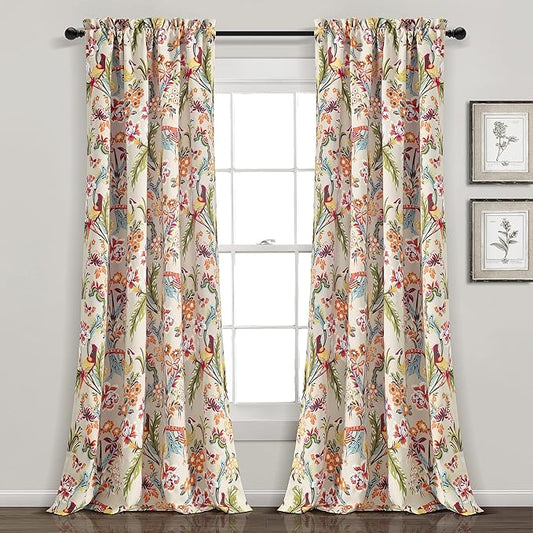 Lush Decor Dolores Light Filtering Window Panels, Pair, 52" W x 84" L, Neutral & Multi - Floral Curtains for Bedroom - Vintage Curtains - Coquette Room Decor
