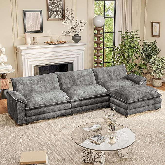 Furniwell Modular Sectional Sofa with Moveable Ottoman, Oversized 3-Seater Couch with Supportive Backrest, Chenille Convertible Sofa Couches for Living Room/Apartment (Grey, L Shaped)
