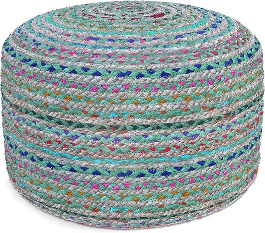 SIMPLIHOME Margo Boho Round Pouf in Green Braided Jute for the Living Room, Bedroom and Kids Room