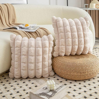 Neelvin Beige Faux Fur Cozy Soft Plaid Decorative Throw Pillow Covers 26x26 inch Set of 2,Velvet Pillowcase Cushion Case for Sofa Couch