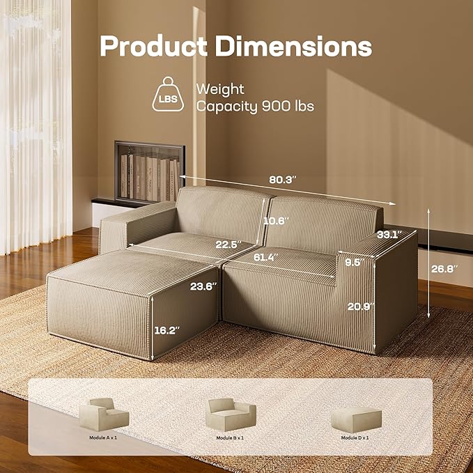 Marsail Modular Sectional Sofa, 80" L-Shaped Modular Sectional Couch with Deep Seat, Freely Combinable Sectional Cloud Sofa for Living Room, No Assembly, Plush Corduroy Fabric, Beige