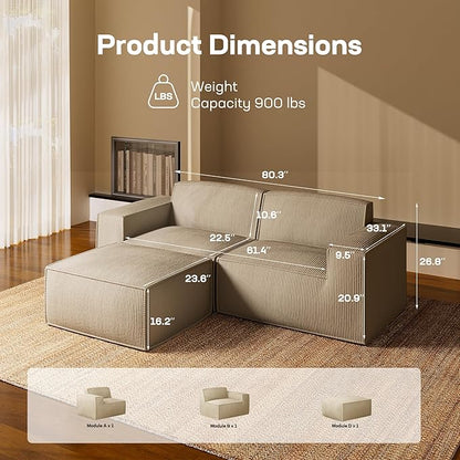 Marsail Modular Sectional Sofa, 80" L-Shaped Modular Sectional Couch with Deep Seat, Freely Combinable Sectional Cloud Sofa for Living Room, No Assembly, Plush Corduroy Fabric, Beige