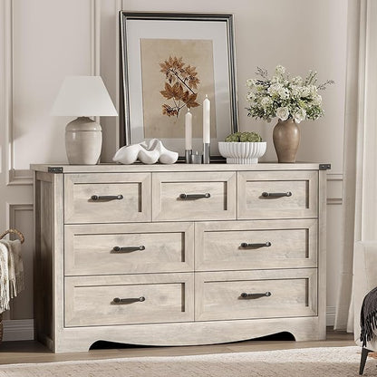 Dresser for Bedroom with 7 Drawers, 48" Wide Modern Chest of Drawers with Deep Drawers & Mental Handle, Wood Dresser TV Stand, Wooden Closet Storage Organizer for Living Room, Hallway, Entryway, Grey