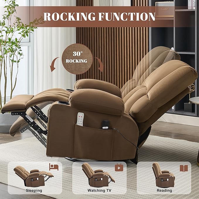 Swivel Rocker Chair with Heat and Massage, 270° Power Recliner Chairs for Adults, USB and Type-C Ports, Oversized Recliner Single Sofa, Electric Glider Chair(Brown)