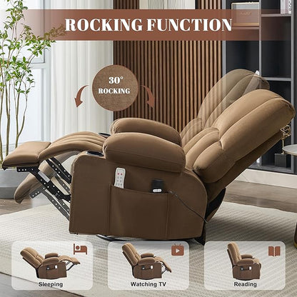 Swivel Rocker Chair with Heat and Massage, 270° Power Recliner Chairs for Adults, USB and Type-C Ports, Oversized Recliner Single Sofa, Electric Glider Chair(Brown)