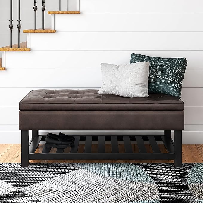 SIMPLIHOME Cosmopolitan 44 inch WideTransitional Rectangle Storage Ottoman Bench with Open Bottom in Distressed Brown Vegan Faux Leather, Assembled for the Living Room and Bedroom