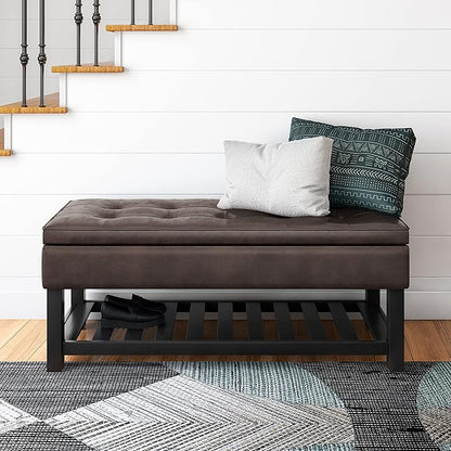 SIMPLIHOME Cosmopolitan 44 inch WideTransitional Rectangle Storage Ottoman Bench with Open Bottom in Distressed Brown Vegan Faux Leather, Assembled for the Living Room and Bedroom