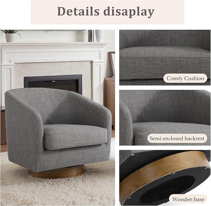 Lumibee Swivel Accent Chair, Chenille Fabric Swivel Barrel Chair for Living Room, Modern Comfy Upholstered Round Armchair Single Sofa Chair for Bedroom, Club-Grey