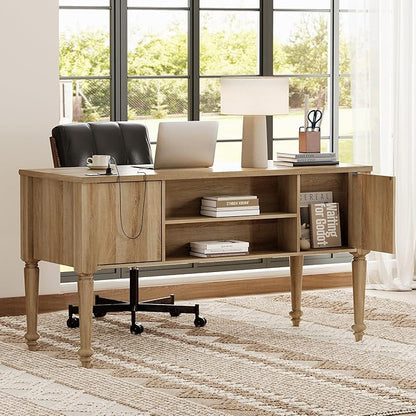 WAMAPT Farmhouse Executive Desk with 5 Drawers, Home Office Desk with Charging Station, Wood Computer Desk with File Cabinet Storage, Door, Open Shelf for Work and Study, Oak, 55 inch