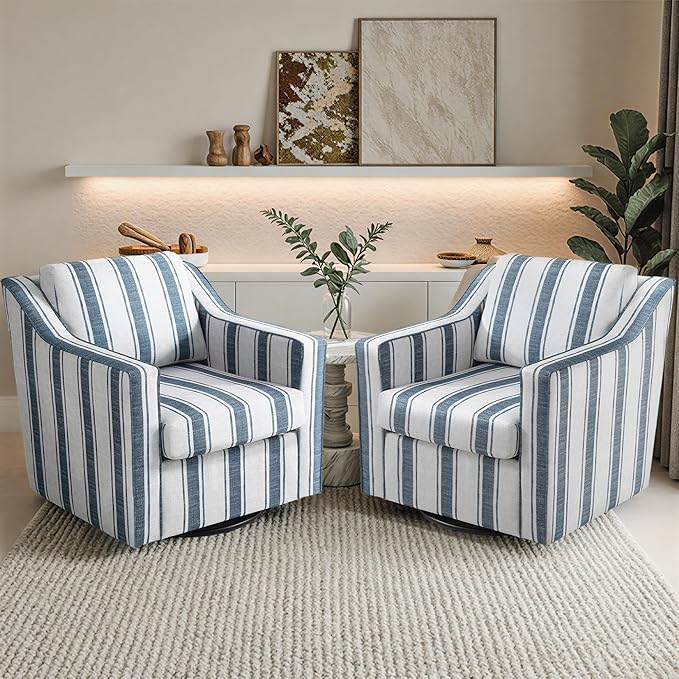 Pia Ricco 360° Swivel Accent Chair, Oversized Modern Striped Fabric Armchair with Removable Cover for Living Room and Reception,Navy