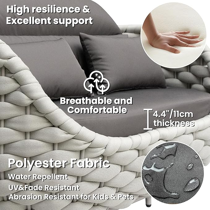 Cushioned Outdoor Patio Furniture Set: 6 Pieces Aluminum Porch Conversation Sofa Set - Modern Hand Woven Rope Deck Couch Set - No Assembly All Weather for 661lbs Yard Garden Poolside Hotel, Gray