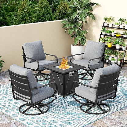 PHI VILLA 5 Piece Patio Furniture Set with 28" Firepit Table, 4 Outdoor 5.75" Cushioned Metal Frame Swivel Sofa Chairs & 28" Gas Firepit Table, Outside Furniture Set for Lawn Garden(Grey)
