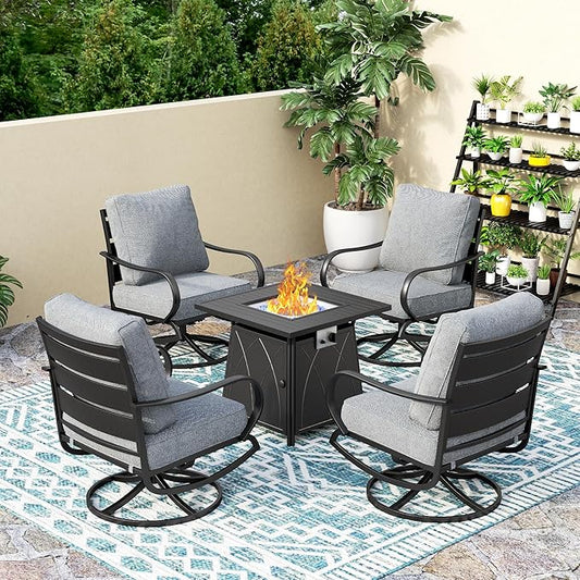 PHI VILLA 5 Piece Patio Furniture Set with 28" Firepit Table, 4 Outdoor 5.75" Cushioned Metal Frame Swivel Sofa Chairs & 28" Gas Firepit Table, Outside Furniture Set for Lawn Garden(Grey)