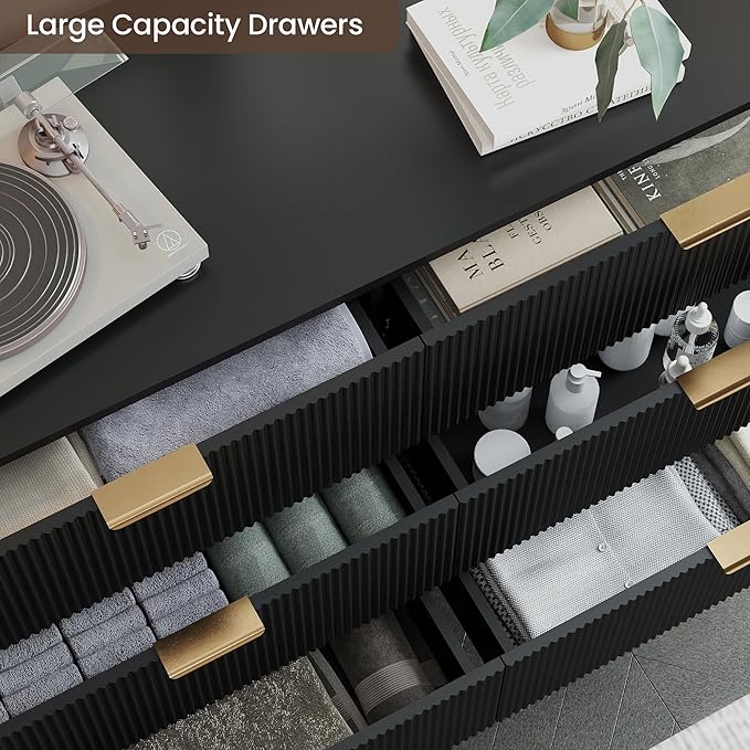 Fluted Dresser for Bedroom,49.6'' Modern Wooden Dresser with 6 Drawers, Bedroom Dressers, Natural Wood Chest of Drawers for Living Room, Hallway (Black)