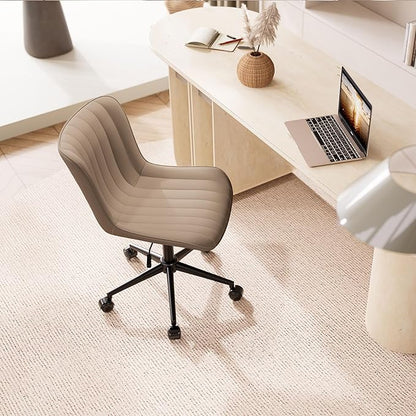 YOUNIKE Khaki Comfy Home Office Desk Chair with Wheels Armless Vanity Chair with Back Ergonomic Modern Leather Upholstered Rolling Task Chair Small Cute Sewing Chair No Arms Wide Swivel Adjustable