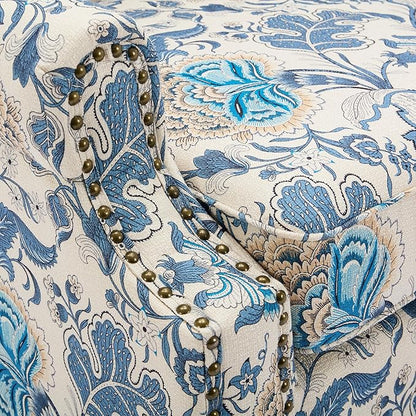 Pia Ricco High Back Floral Accent Chair - Retro Wingback Upholstered Armchair with Nailhead Trim, Solid Wood Legs, Fabric Living Room Bedroom Reading Chair (Flower Blue)