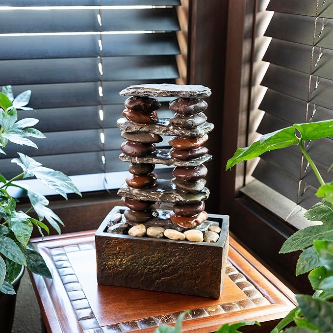 Alpine Corporation TT8002 Indoor/Outdoor Tabletop Stacked Rocks Eternity Fountain, Modern Rocks Tabletop Fountain 12", Brown