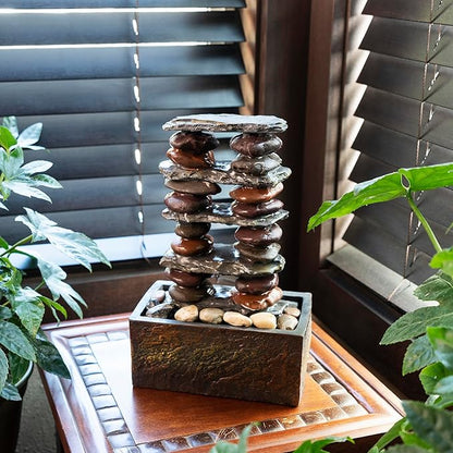 Alpine Corporation TT8002 Indoor/Outdoor Tabletop Stacked Rocks Eternity Fountain, Modern Rocks Tabletop Fountain 12", Brown