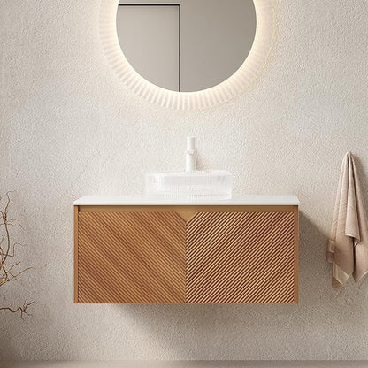 36 Inch Floating Bathroom Vanity with Vessel Sink, Fluted Modern Cabinet with 2 Doors, Glass Vessel Ceramic Sink & Sintered Stone Top, Oak