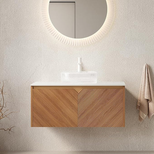 36 Inch Floating Bathroom Vanity with Vessel Sink, Fluted Modern Cabinet with 2 Doors, Glass Vessel Ceramic Sink & Sintered Stone Top, Oak