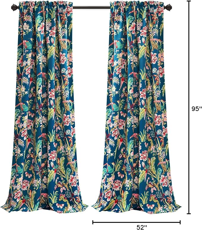 Lush Decor Dolores Light Filtering Window Panels, Pair, 52" W x 95" L, Navy & Multi - Floral Curtains for Bedroom - Vintage Curtains - Coquette Room Decor